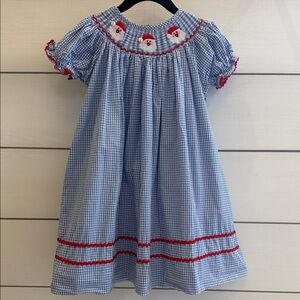 Blue Gingham Dress with Santa Embroidery